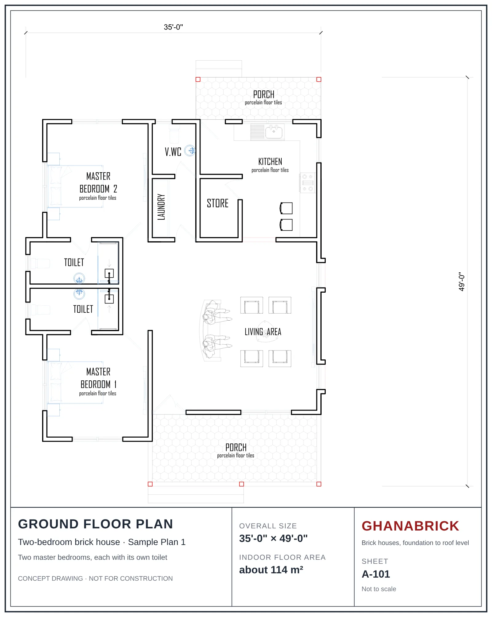 Sample Plan 1 ground floor plan, 35 by 49 feet: porch, master bedroom 2, visitors’ wc, laundry, kitchen, store, toilet, living area, master bedroom 1