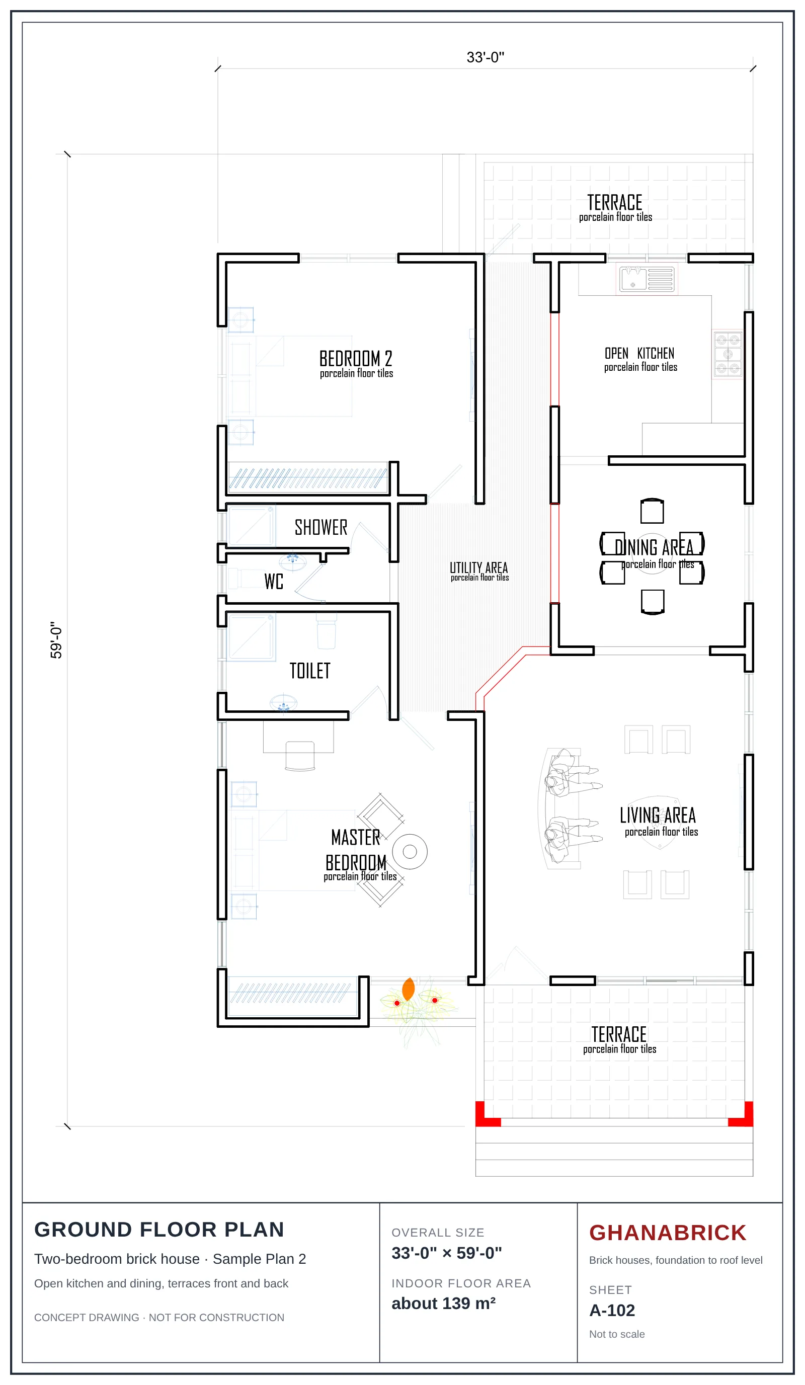 Sample Plan 2 ground floor plan, 33 by 59 feet: terrace, bedroom 2, open kitchen, shower, wc, utility area, dining area, toilet, master bedroom, living area