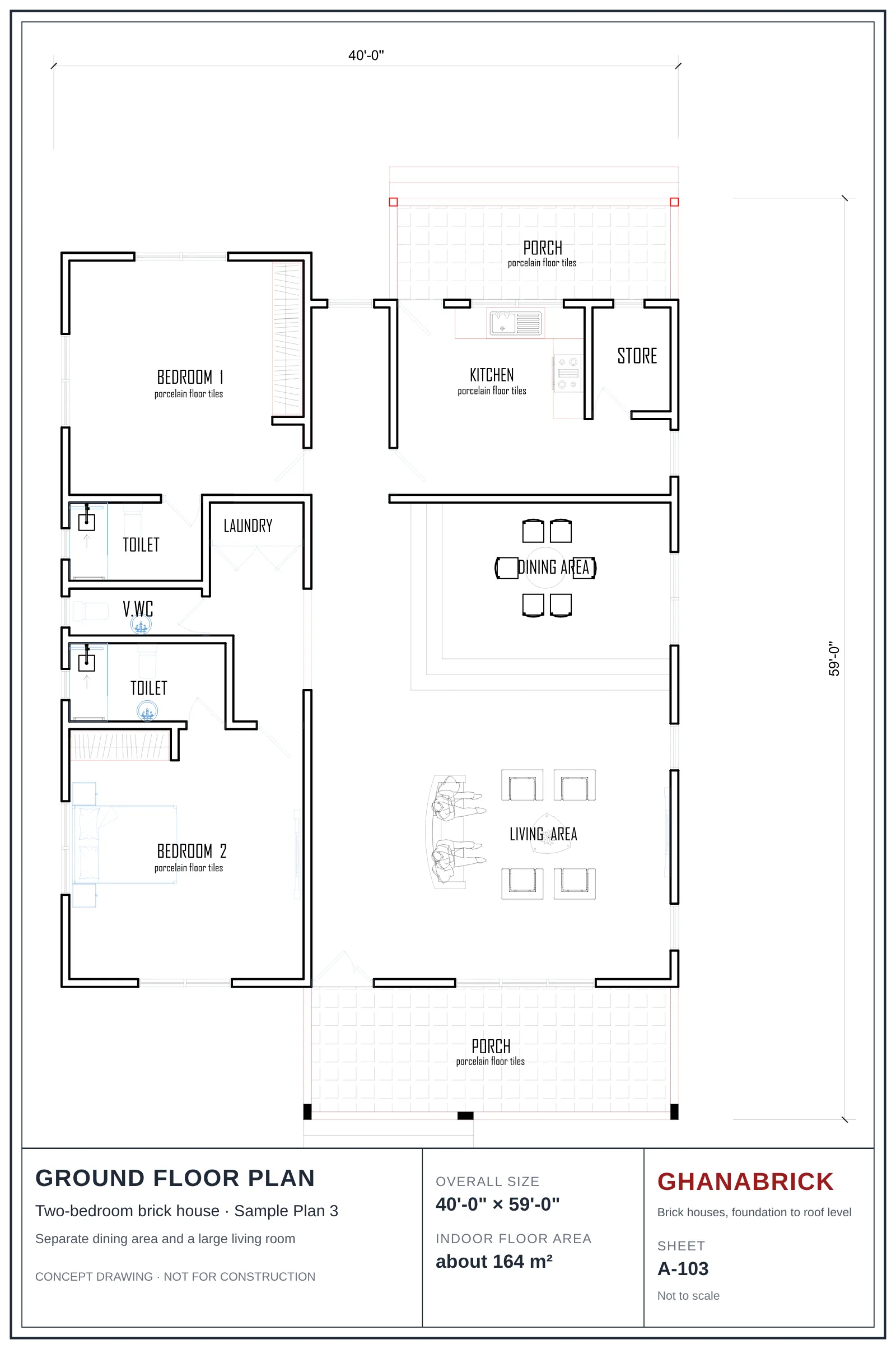 Sample Plan 3 ground floor plan, 40 by 59 feet: porch, bedroom 1, kitchen, store, toilet, laundry, visitors’ wc, dining area, living area, bedroom 2